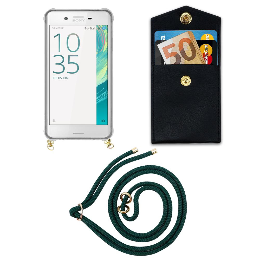 Ein Smartphone mit Hülle, ein schwarzes Portemonnaie mit Karten und Geld, und ein grünes Band.