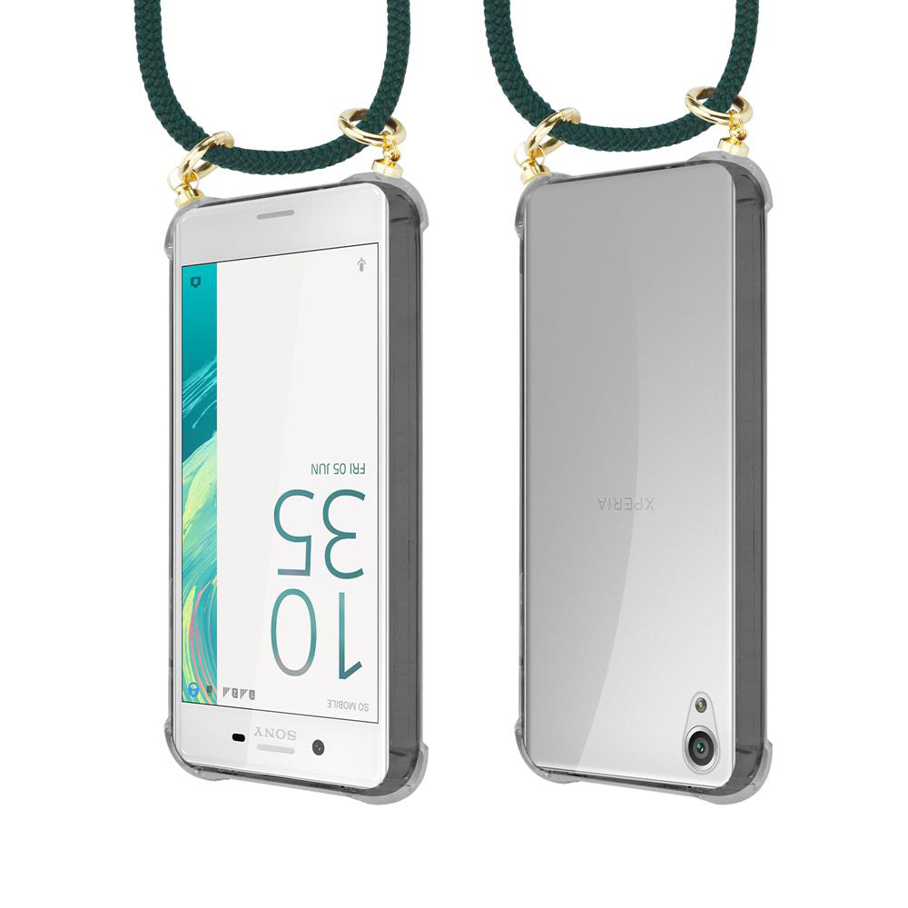 Zwei Sony Xperia Handys mit Schnüren, eins mit Uhrzeit 10:35, eins mit leerem Rückenteil.