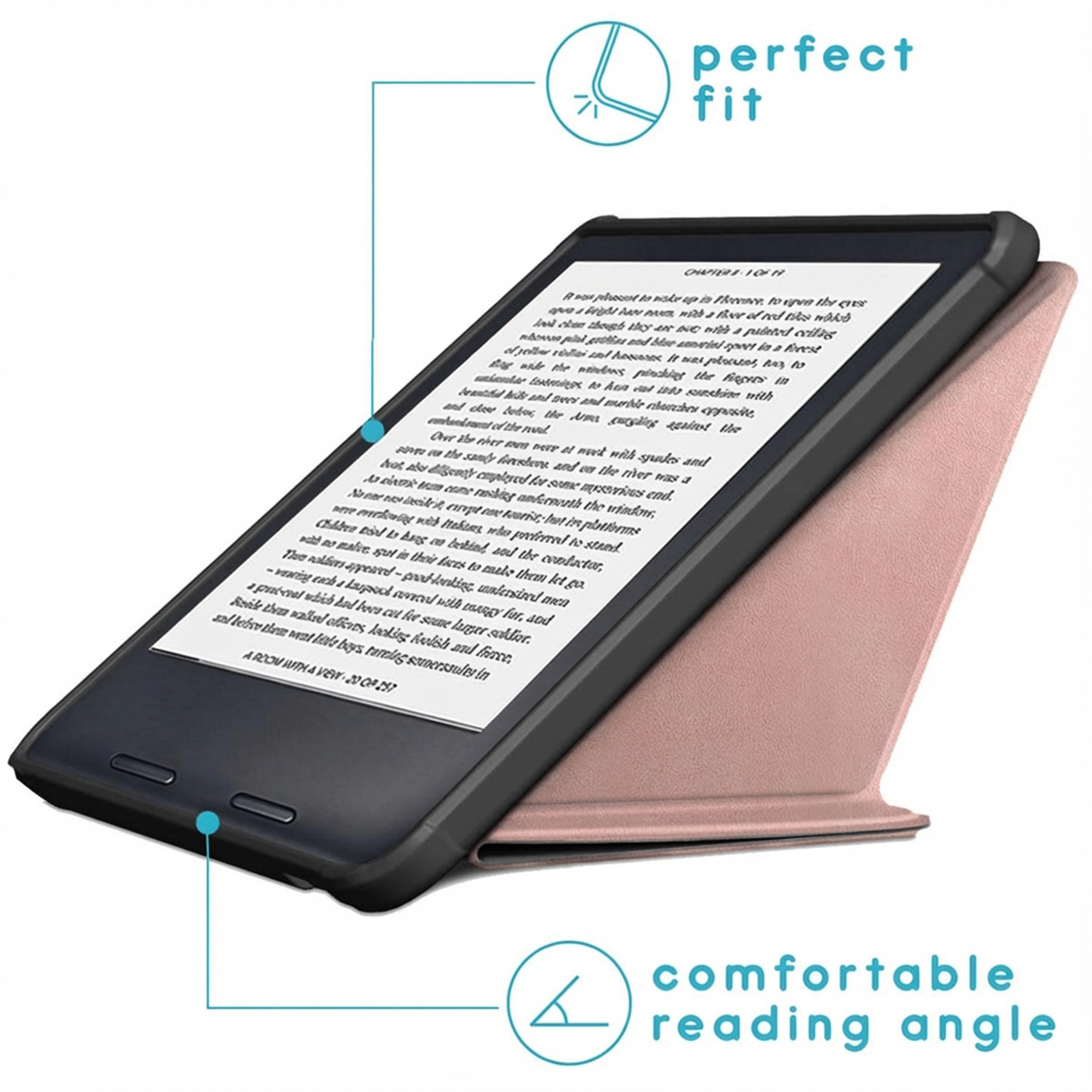 Een zwart e-reader-apparaat in een roze hoes, rechtopstaand. Tekst is zichtbaar.