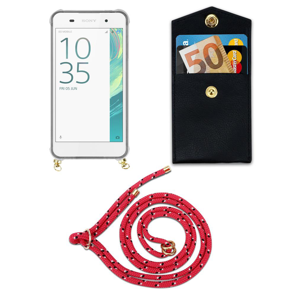 Smartphone mit Hülle, schwarze Tasche mit Geld und Karten, rote Kordel.