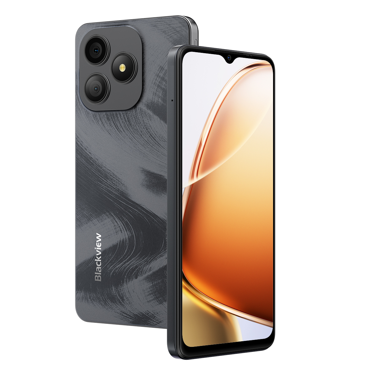 Uno smartphone nero con tre fotocamere posteriori e uno sfondo arancione sullo schermo.