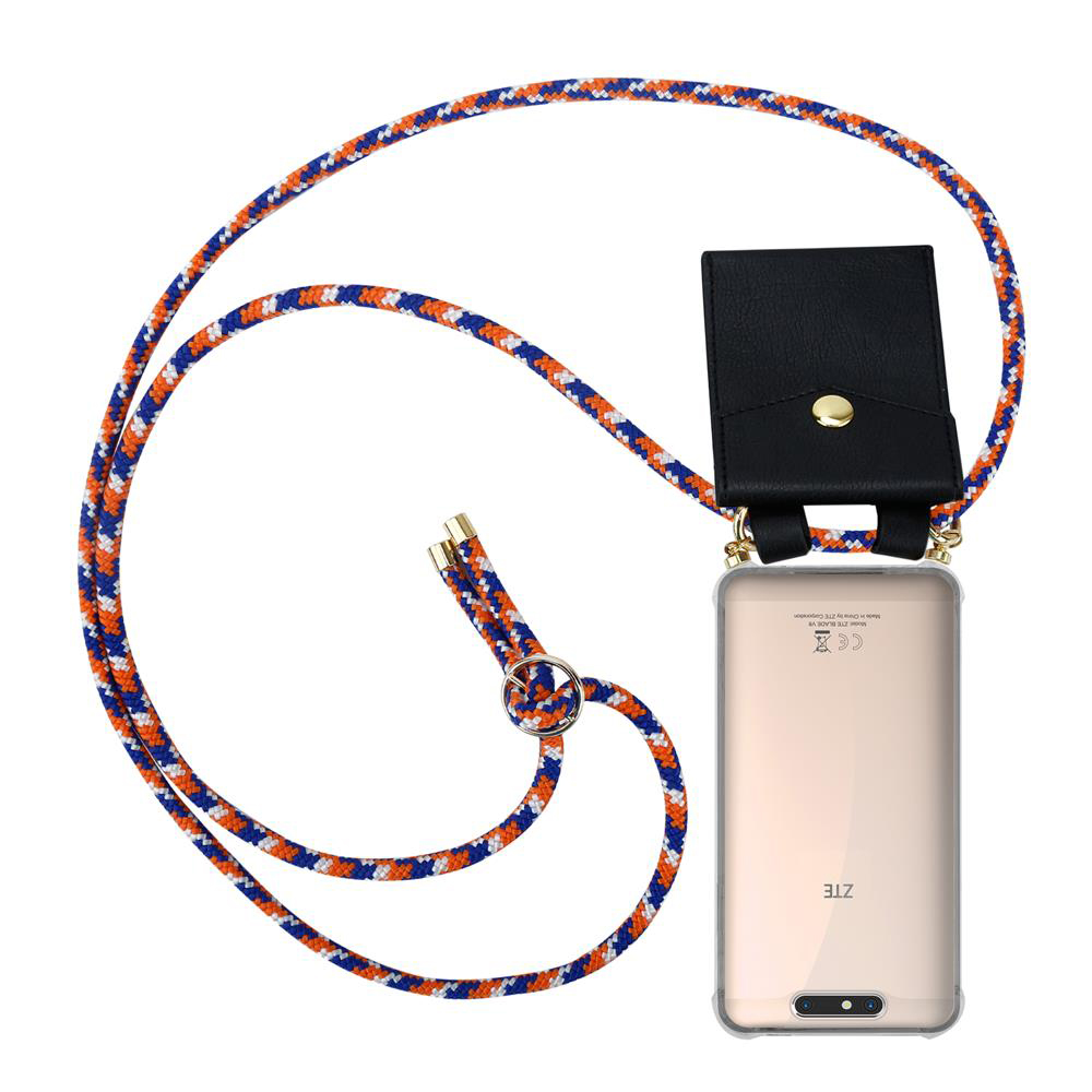 Ein Handy mit einer orange-blau-weißen Kordel und schwarzer Tasche.