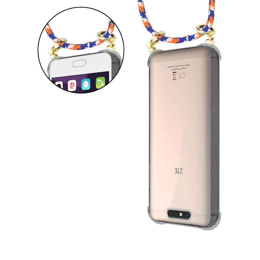 Ein Smartphone mit einem transparenten Gehäuse und einem Band mit orangen und blauen Streifen.