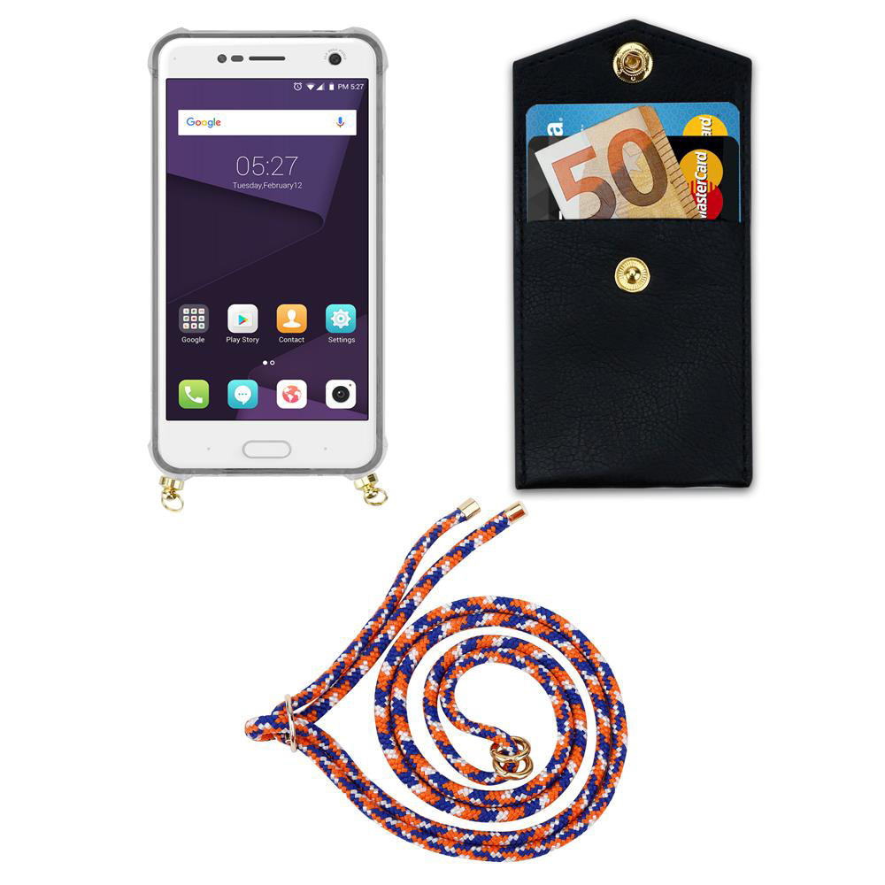 Ein Smartphone mit einer schwarzen Brieftasche und einem Lanyard.