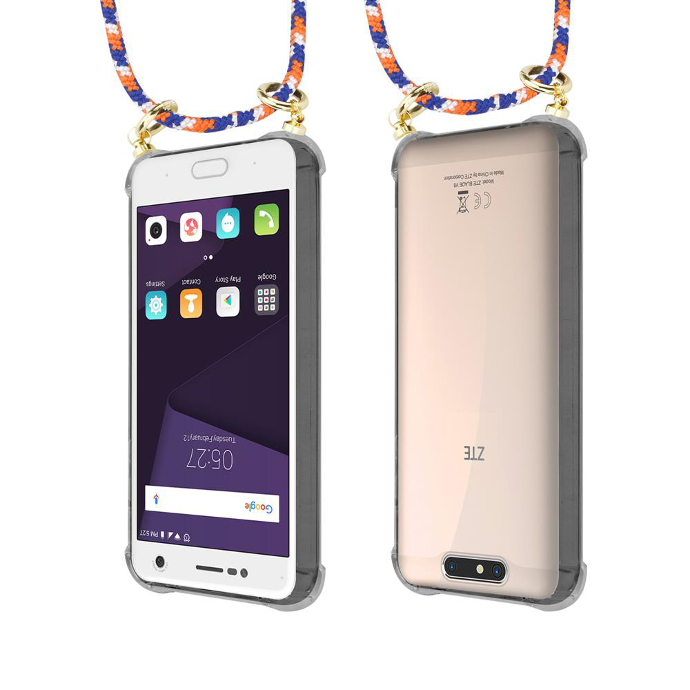 Ein weißes Smartphone mit einem orangen und blauen Band, das daran befestigt ist.