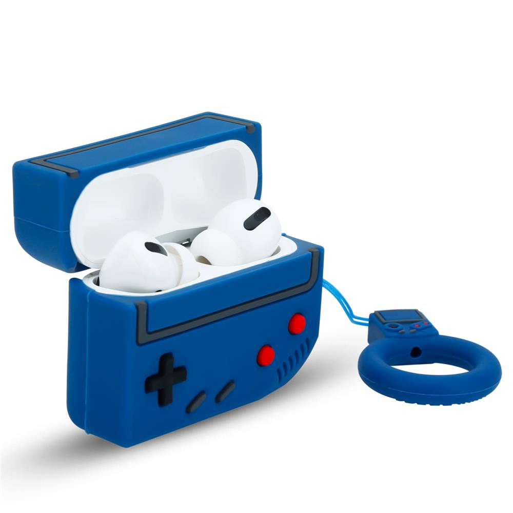 Ein blaues AirPods-Pro-Etui in Form eines alten Handheld-Spiels mit weißen Ohrhörern.