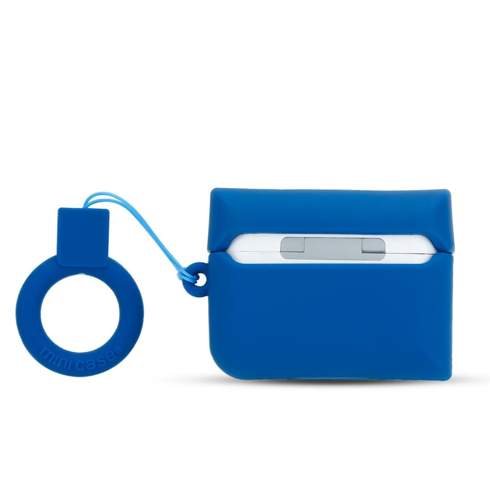 Eine blaue Hülle für Kopfhörer mit einem Ring und einem Band.