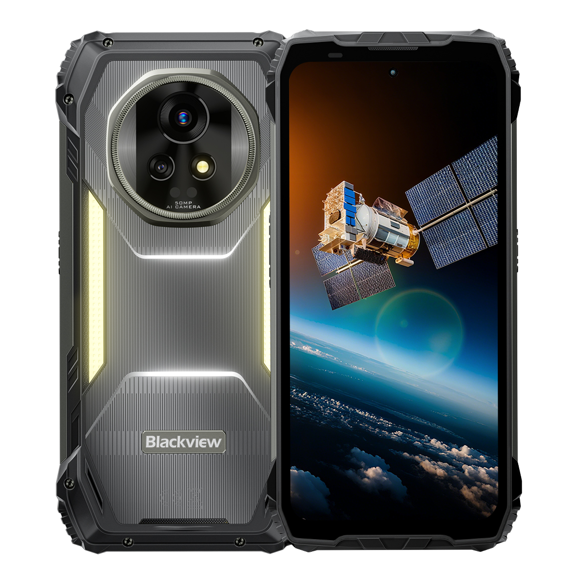 Teléfono inteligente resistente con imagen satelital en pantalla y módulo de cámara.