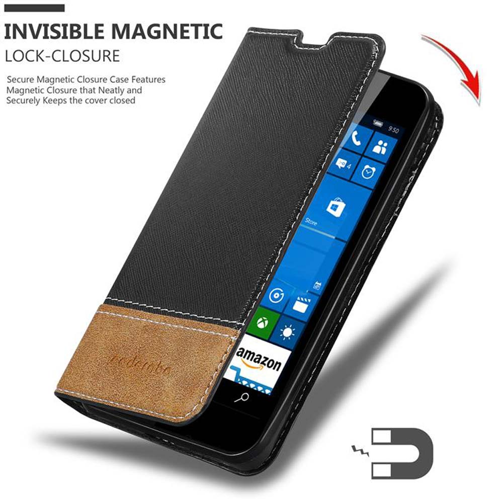 Custodia per telefono nera e marrone con chiusura magnetica e app Amazon.