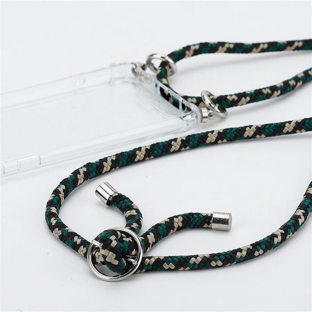 Custodia trasparente con cordino intrecciato nero, verde e beige.