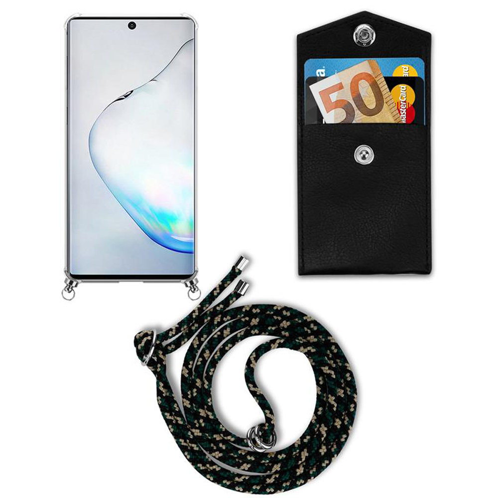 Smartphone con custodia, portafoglio con soldi e carte, e cordino.