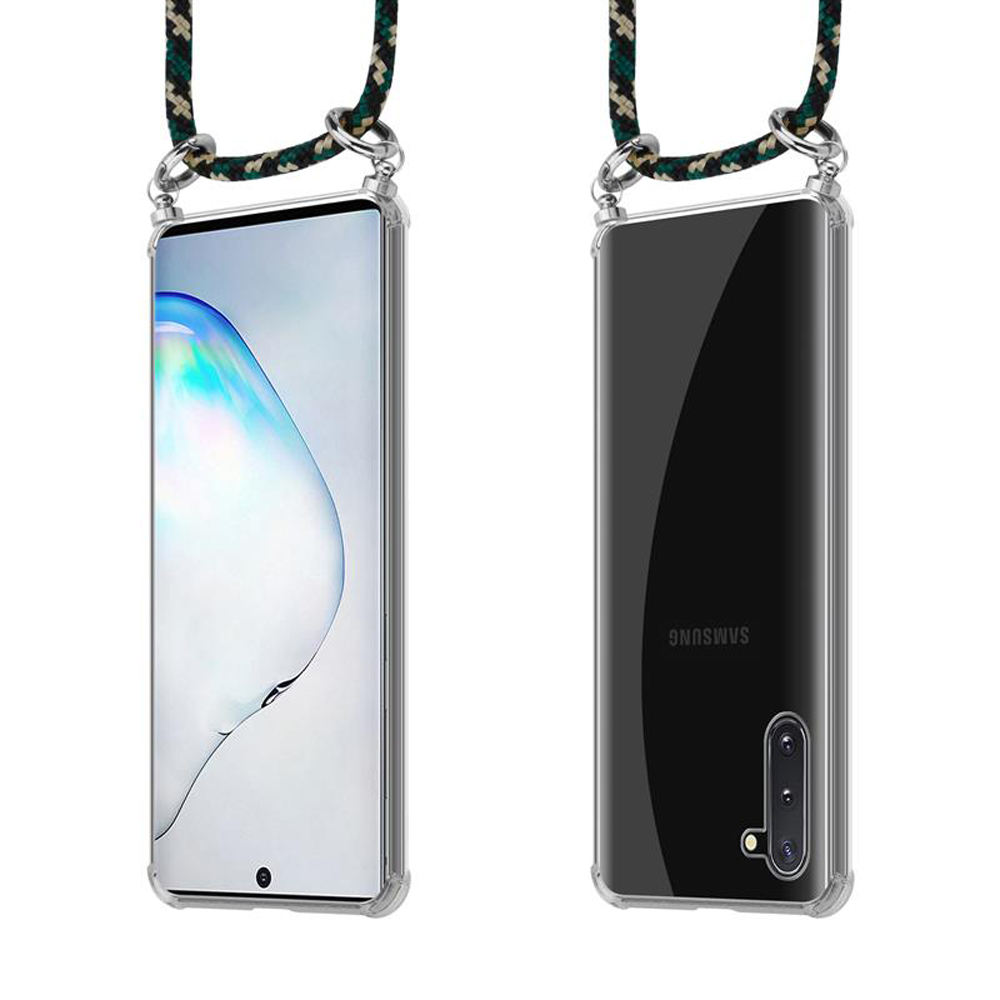 Uno smartphone in una custodia trasparente con cinturino attaccato agli angoli.