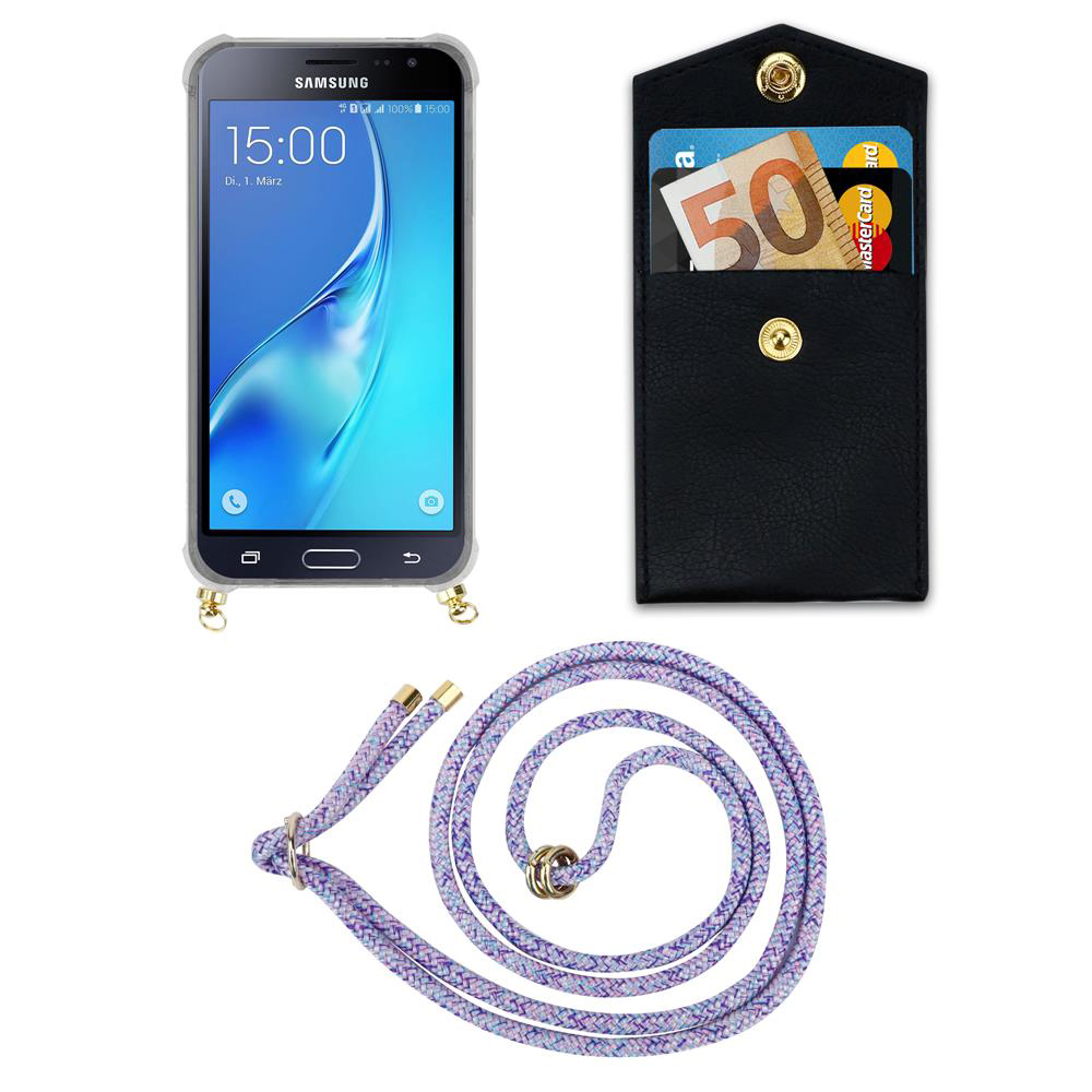 Smartphone Samsung in custodia trasparente, portafoglio nero con banconota da 50 euro.