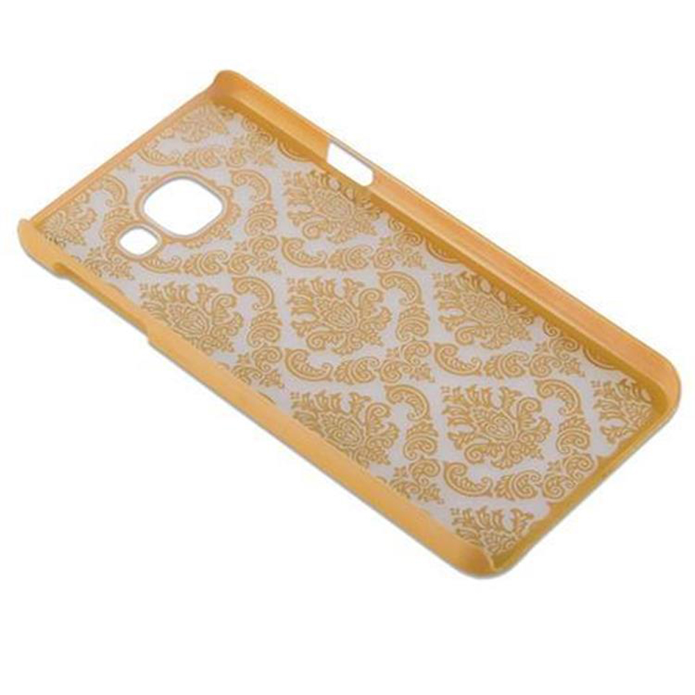 Ein gelbes Handyhülle mit goldenem Ornamentmuster.