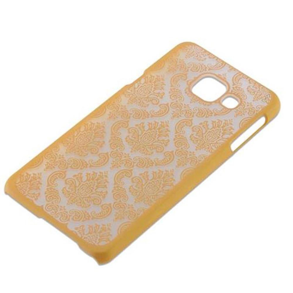 Ein gelbes Handycover mit einem gemusterten Design, das mit Blüten und Ornamenten verziert ist.