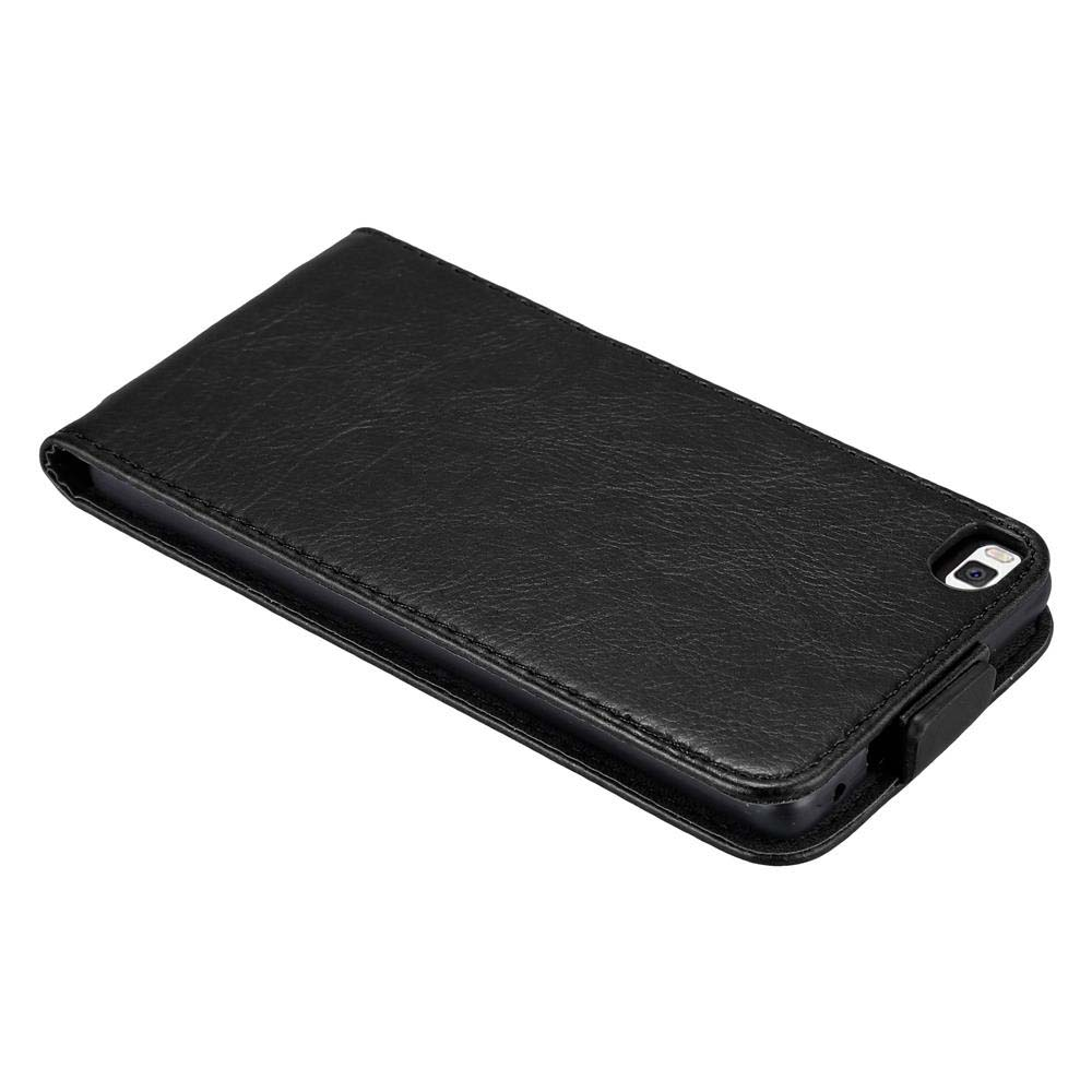 Funda tipo libro de cuero negro para smartphone, sobre fondo blanco.