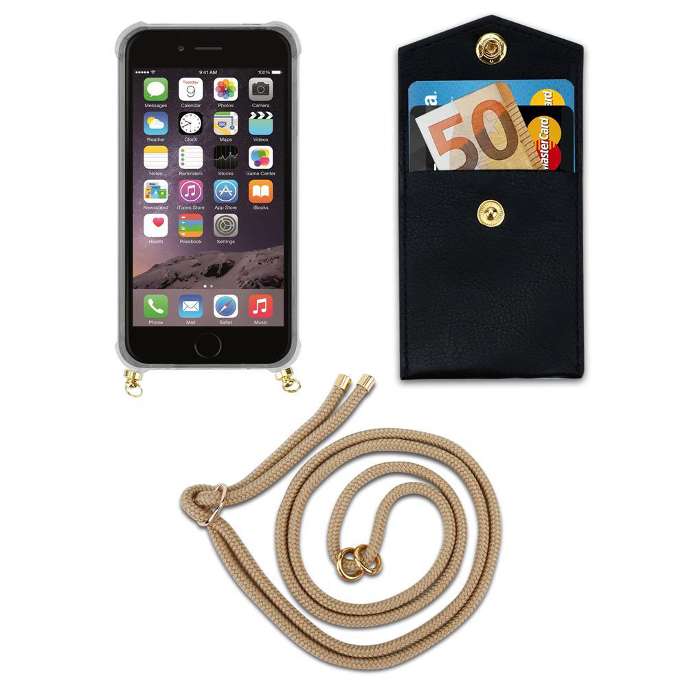 iPhone in custodia, porta carte nero con banconota da 50€ e carta, cordino
