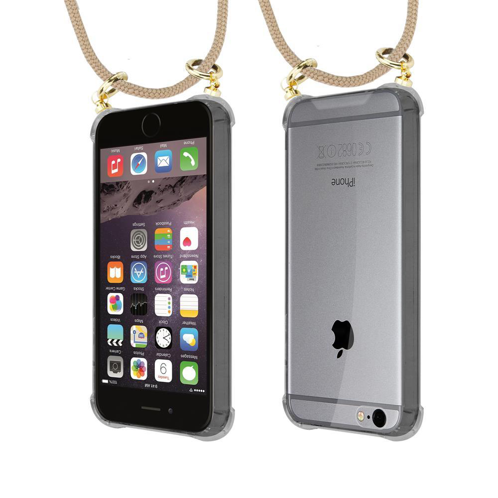 Un iPhone in custodia trasparente con cordino, viste frontale e posteriore.