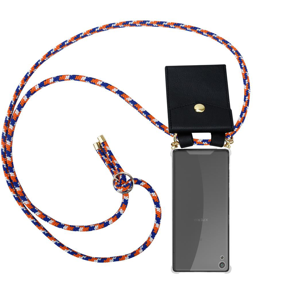 Schwarze Handyhülle mit Kordel in Orange, Blau und Weiß.