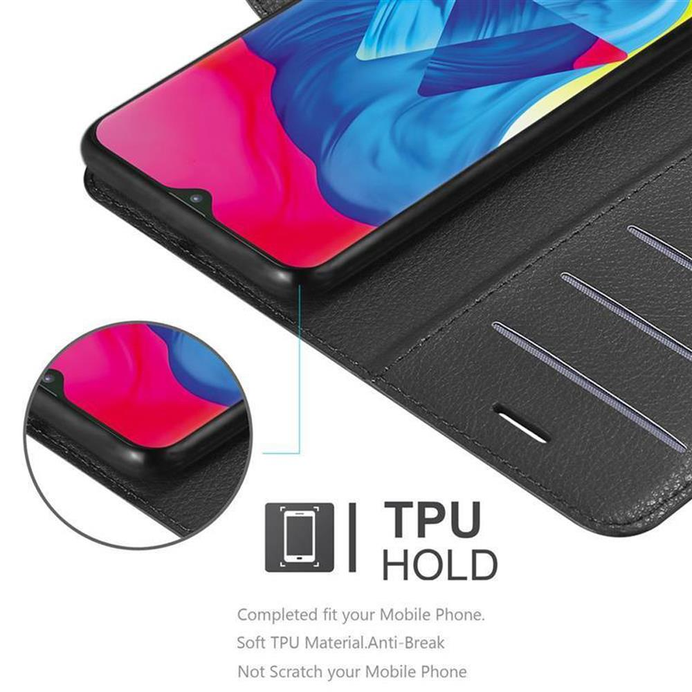 Ein schwarzes Handyhülle zeigt ein Handy mit rosa-blauer Tapete.
