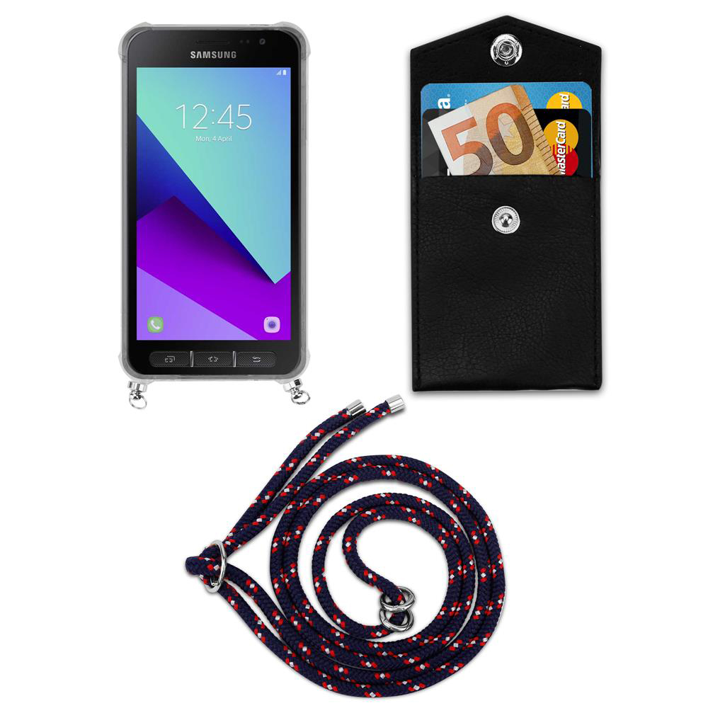 Uno smartphone Samsung con un portafoglio e un cordino.