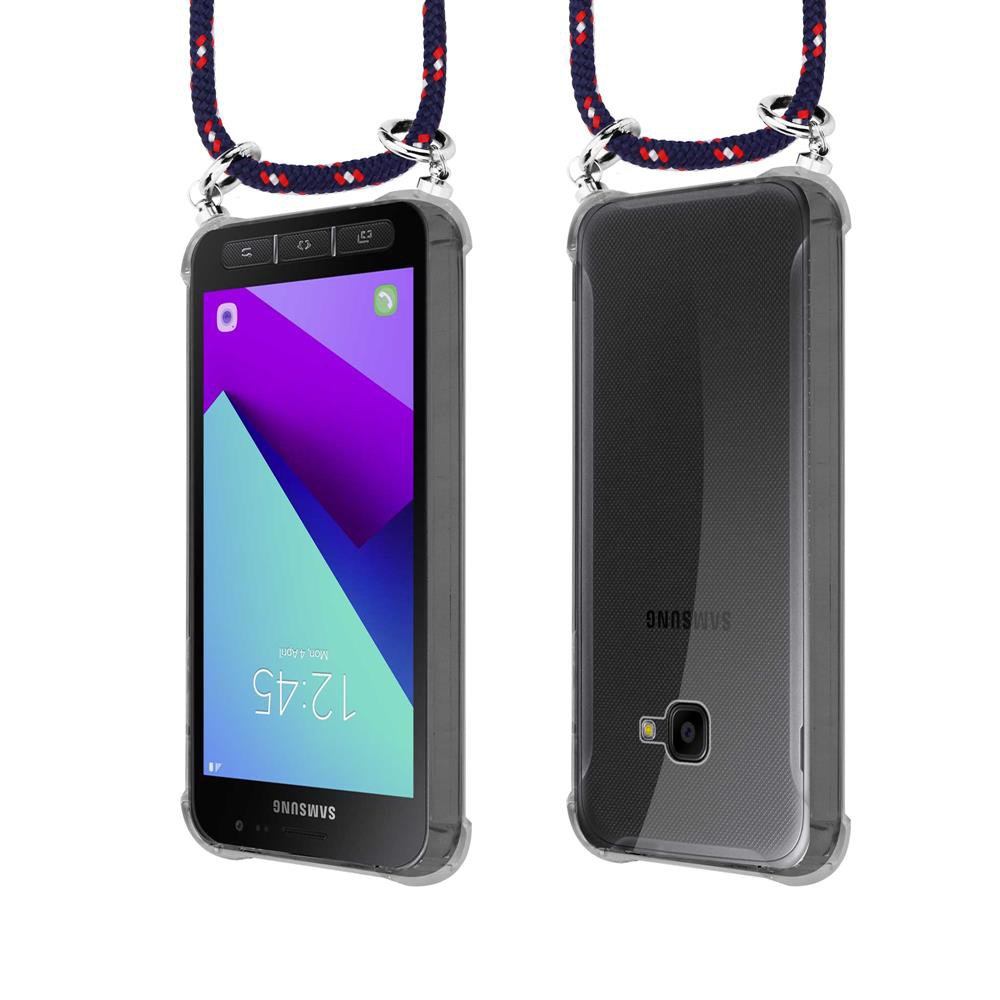 Telefono Samsung in custodia trasparente con laccetto, viste frontale e posteriore.