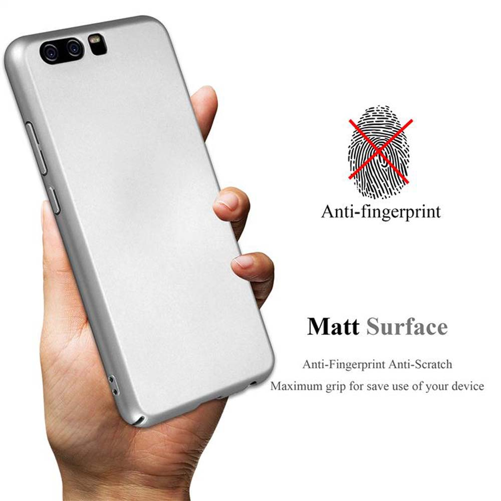 Eine Hand hält ein weißes Handy mit Matt-Oberfläche. Anti-Fingerabdruck-Symbol.