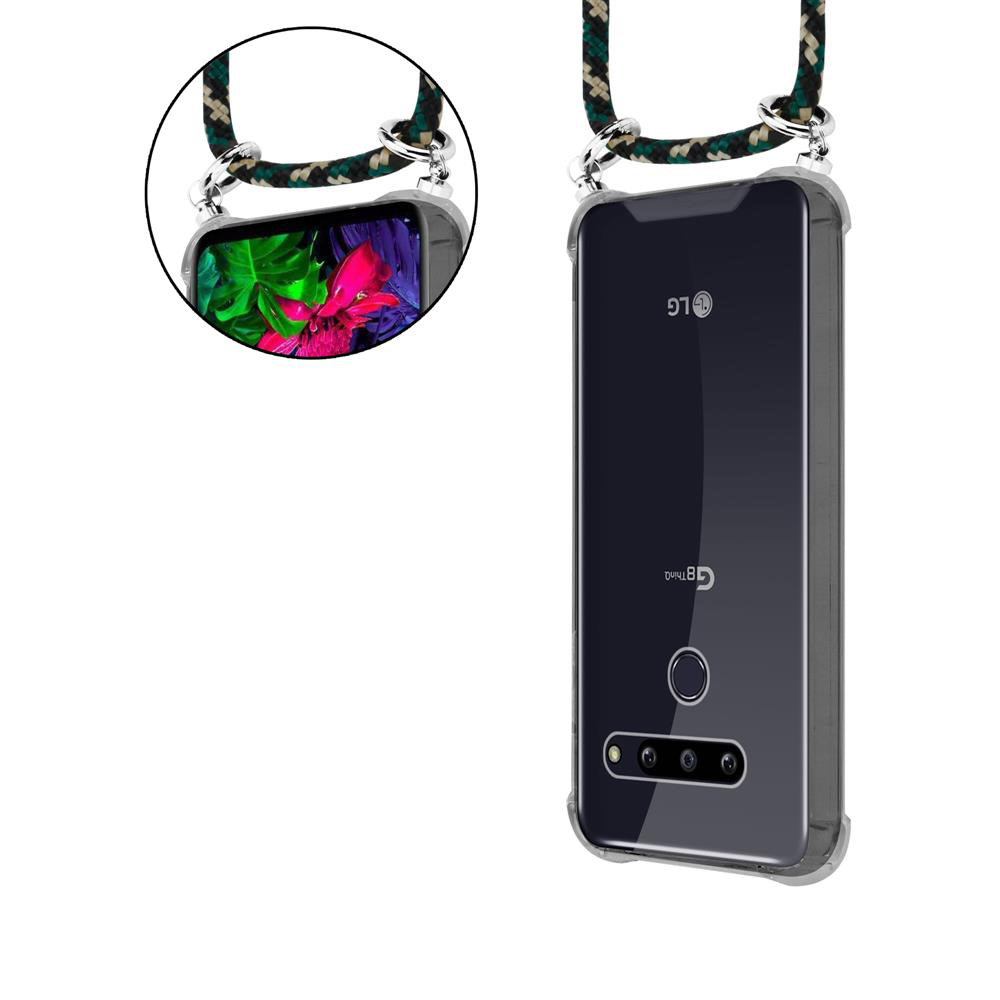 Transparent Hülle mit Lanyard für ein LG G8 ThinQ-Telefon. Nahaufnahme der Kamera.