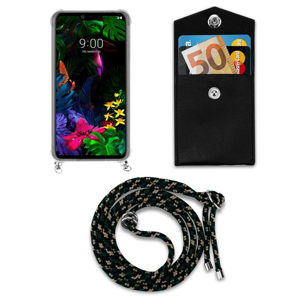 Ein Smartphone mit einem tropischen Hintergrund, eine schwarze Brieftasche mit Geld und Karten und eine Schnur.