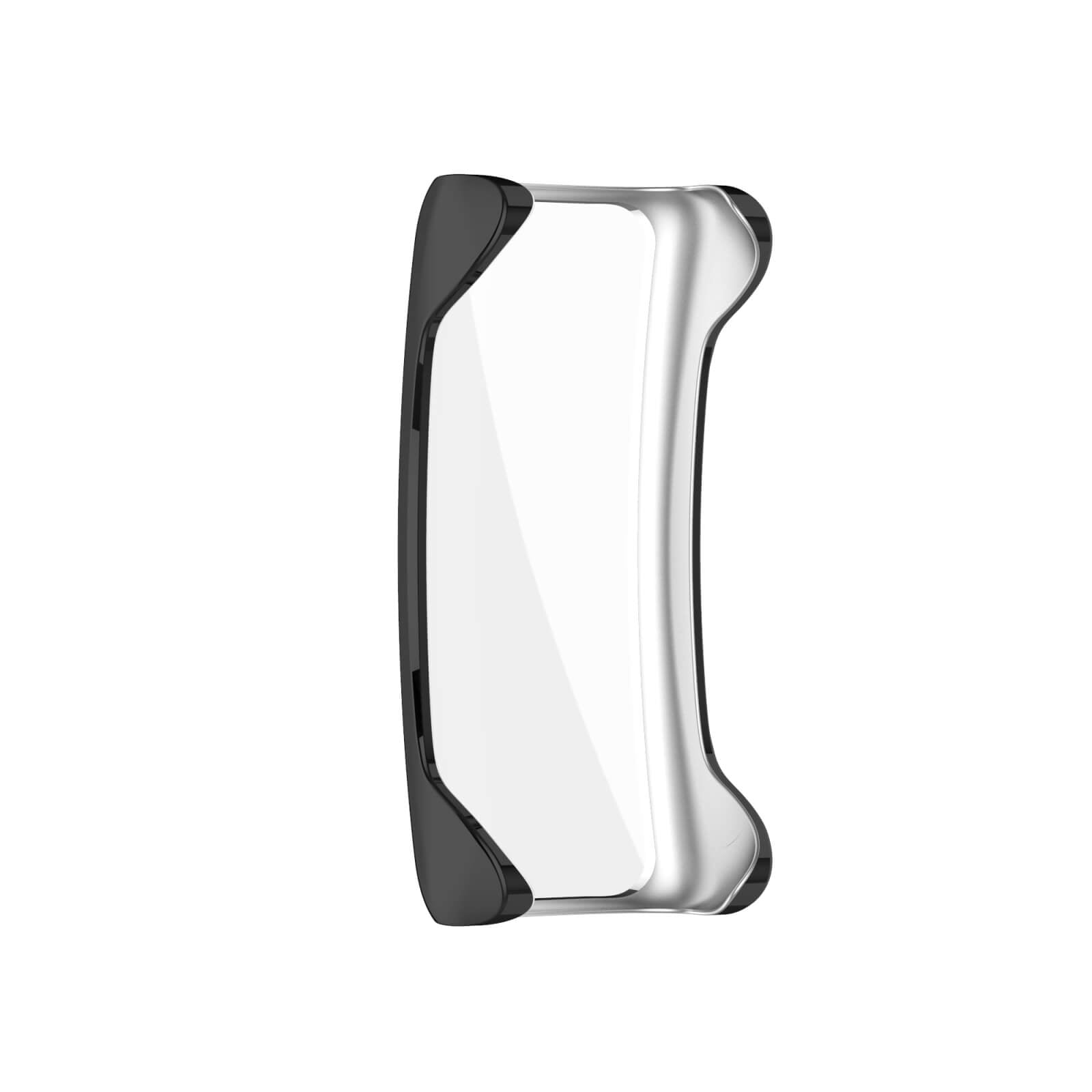 Un étui de protection noir et argenté pour un objet rectangulaire sur fond blanc.