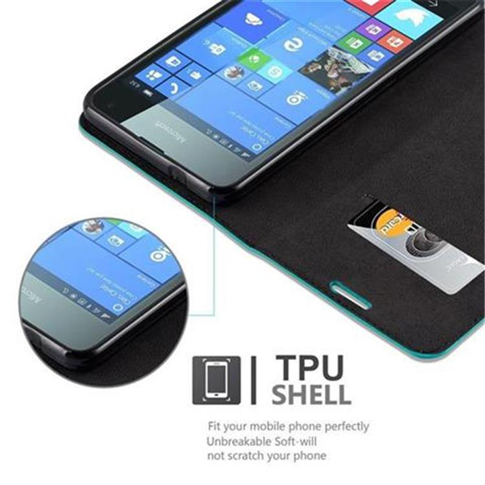 Smartphone con custodia aperta che mostra porta carte e guscio TPU.