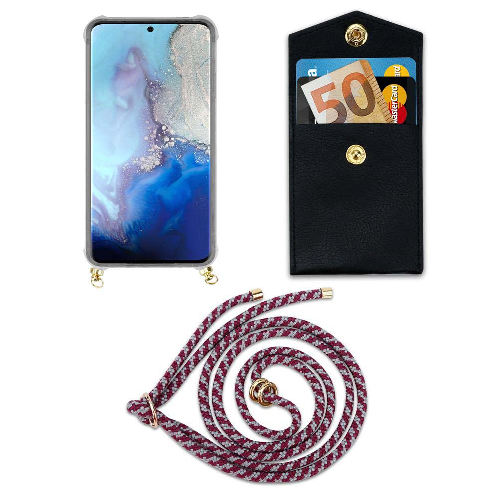 Smartphone con custodia, portafoglio nero con soldi e carte, e un cordino.