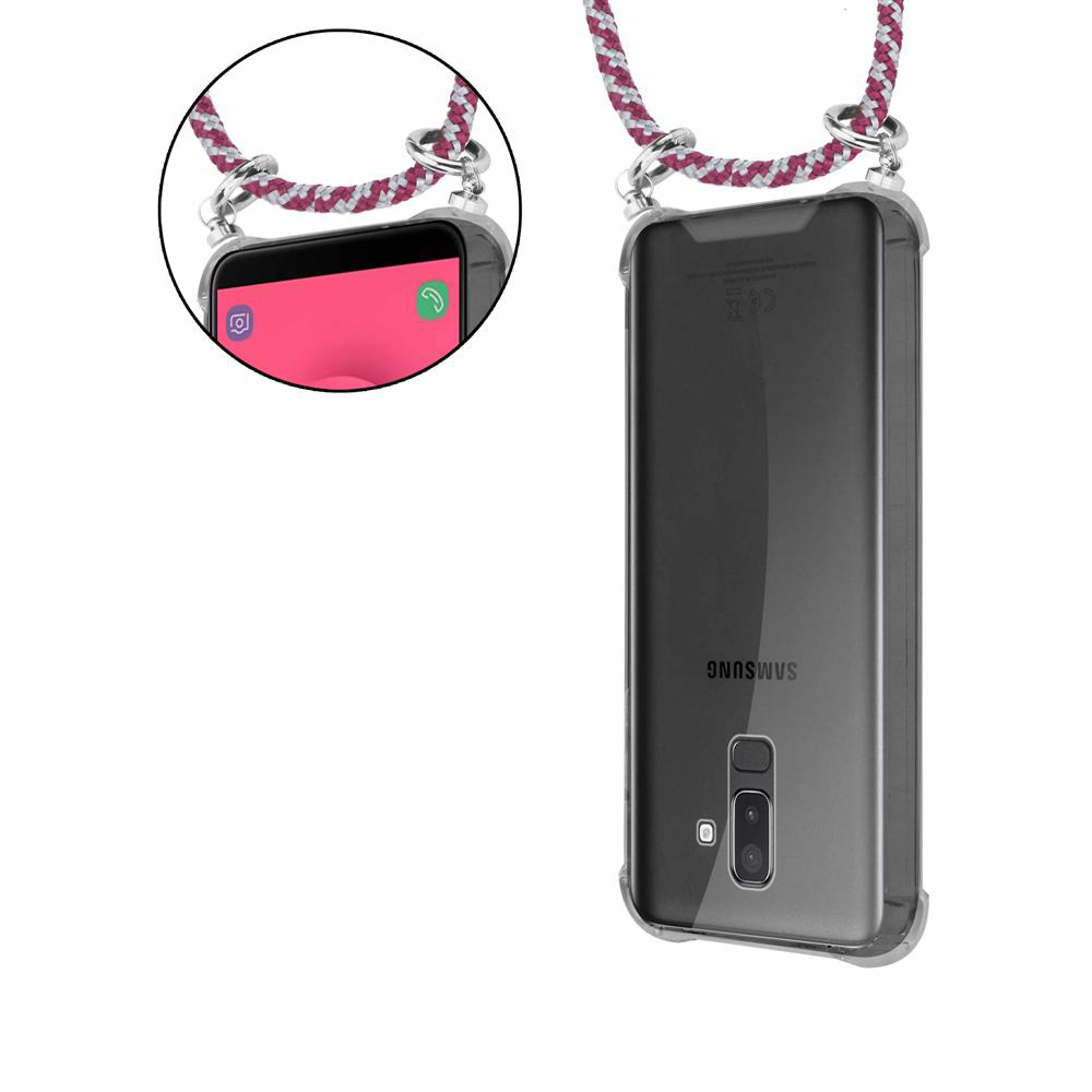 Ein Smartphone mit einer Hülle und Kordel. Vorder- und Rückseite gezeigt.