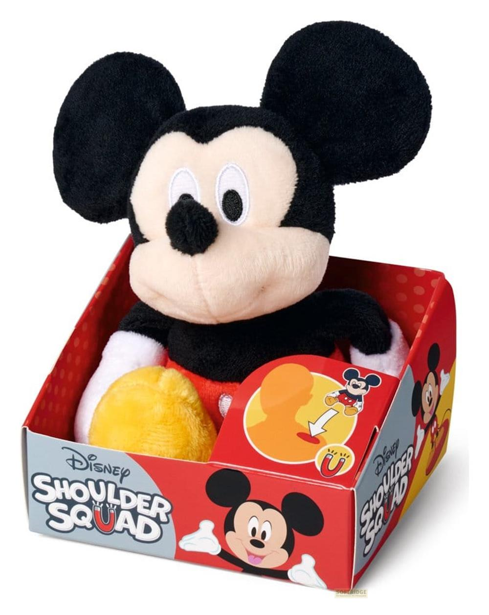 Mickey Mouse de peluche con pantalones amarillos en caja roja/gris Disney Shoulder Squad.