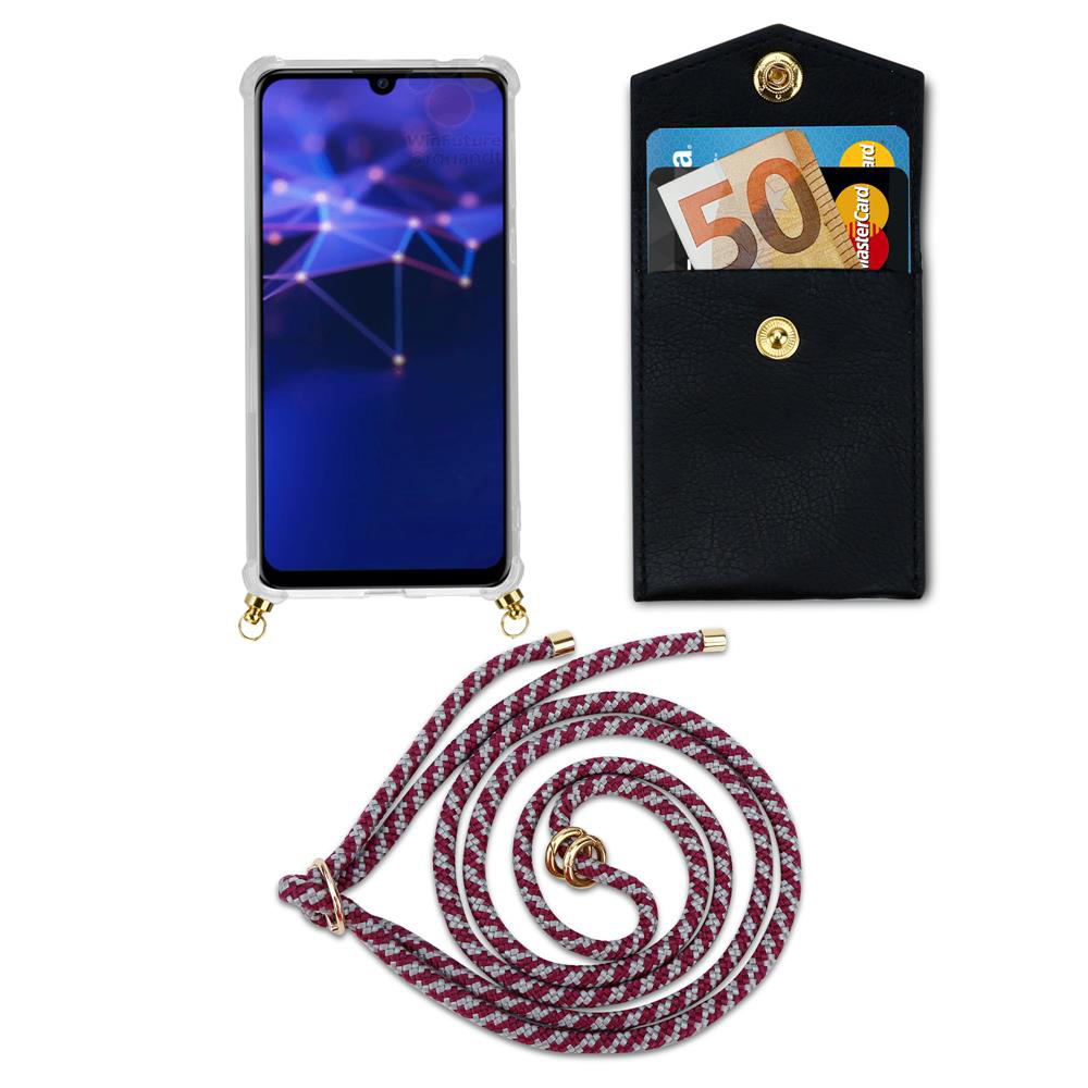 Smartphone in custodia, portafoglio con soldi e carte, e un cordino.