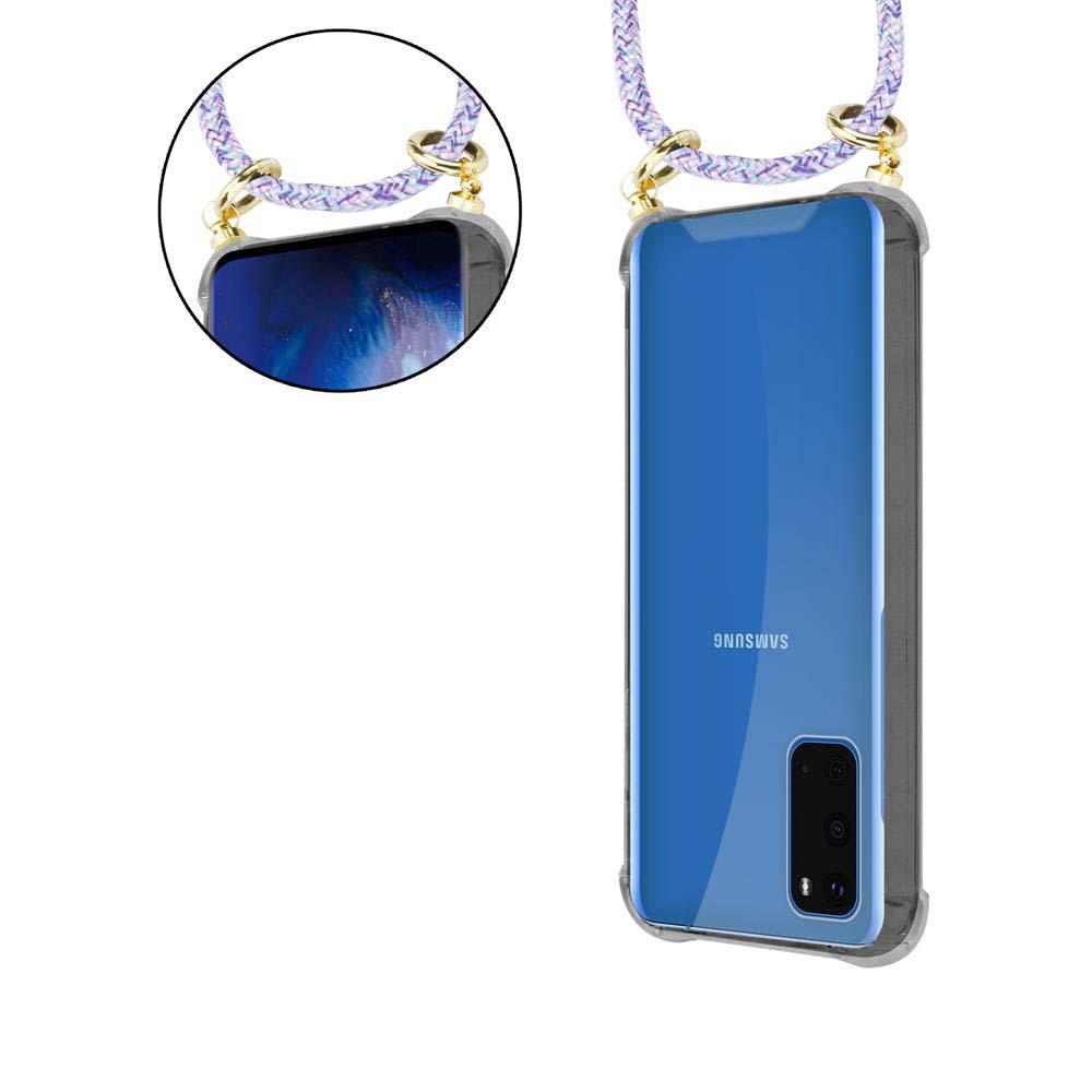 Uno smartphone Samsung blu in custodia trasparente con laccetto.