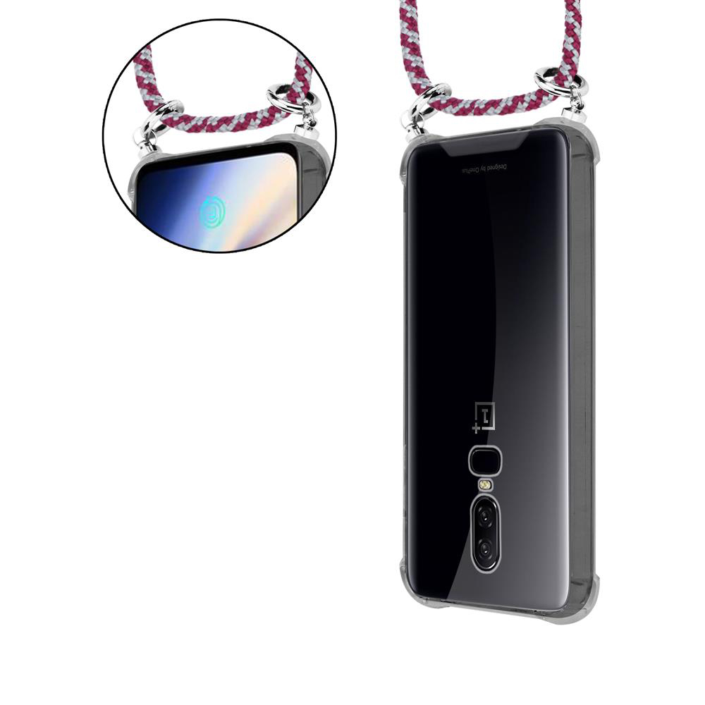 Ein Smartphone in einer transparenten Hülle mit einem Band.
