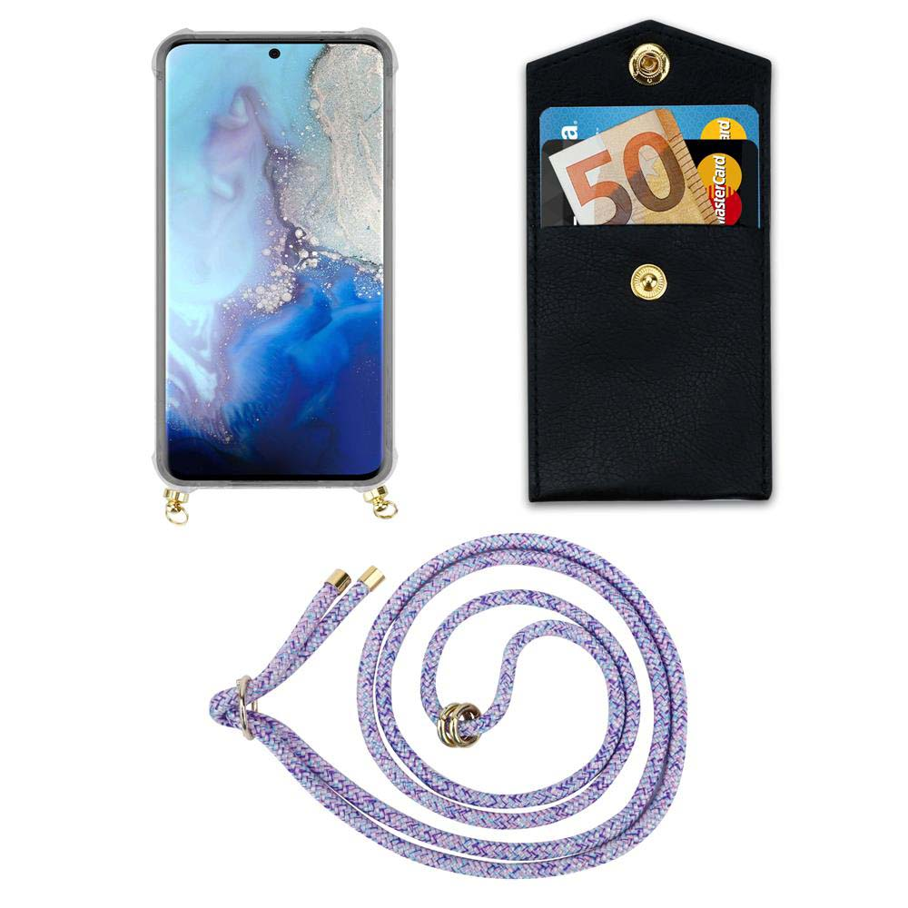 Uno smartphone con cordino e una tasca nera con soldi e carte.