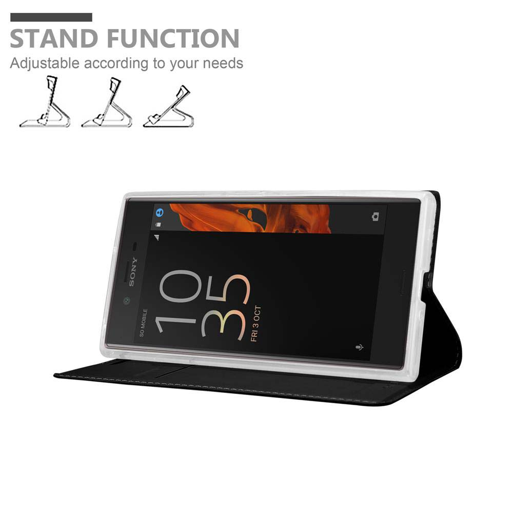 Uno smartphone in una custodia nera che funge da supporto.