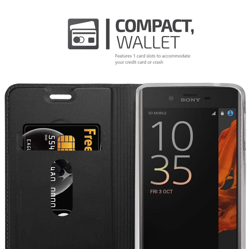 Una custodia a portafoglio nera con uno smartphone Sony. Mostra fessure per carte.