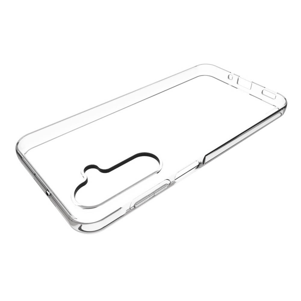 Custodia trasparente per telefono con ritagli per fotocamera e pulsanti.