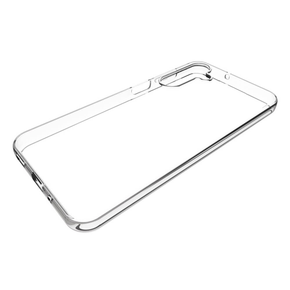 Una cover per telefono trasparente su sfondo bianco.