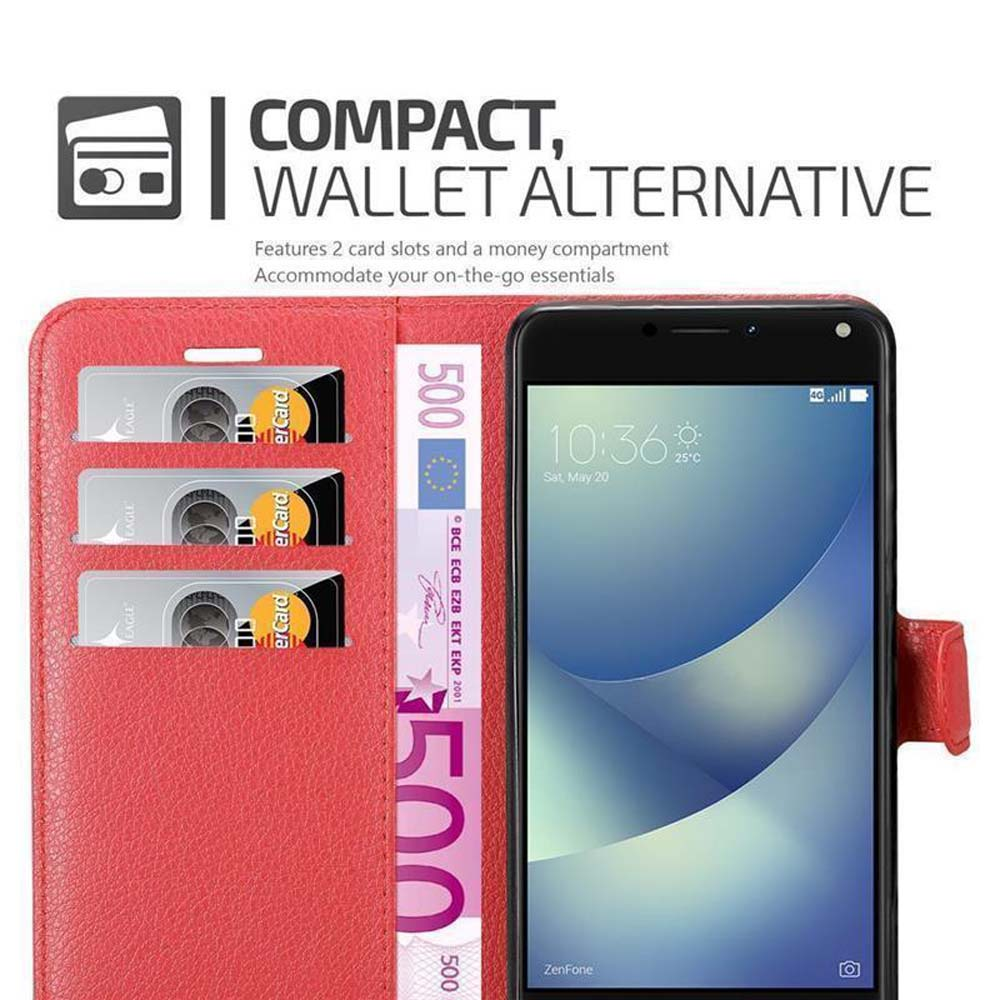 Portafoglio rosso con tre fessure per carte, una banconota da 500 euro e uno smartphone.