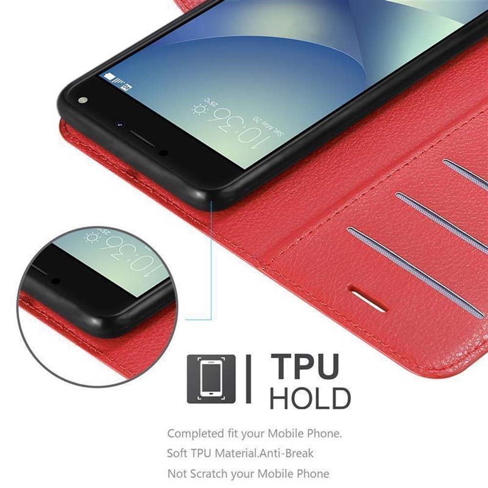 Una custodia rossa per cellulare con uno smartphone che mostra le 10:36.