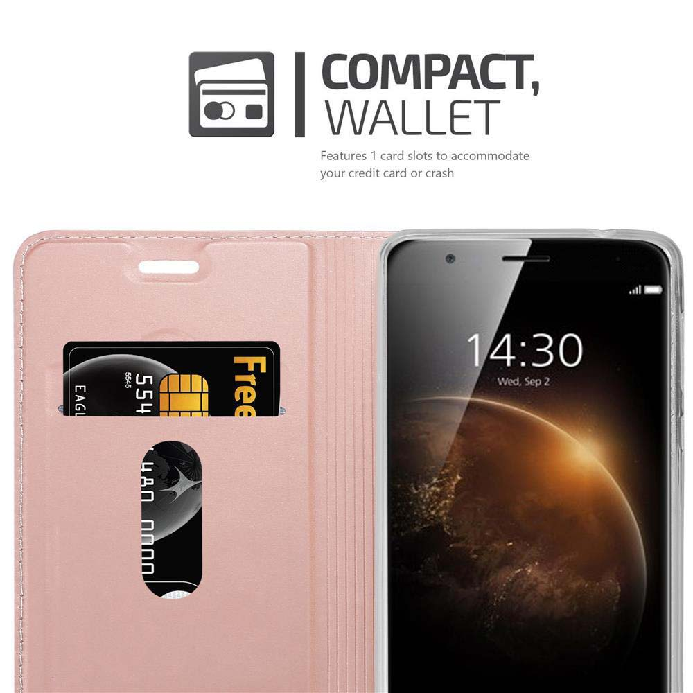 Una billetera rosa con una tarjeta y un teléfono que muestra las 14:30.