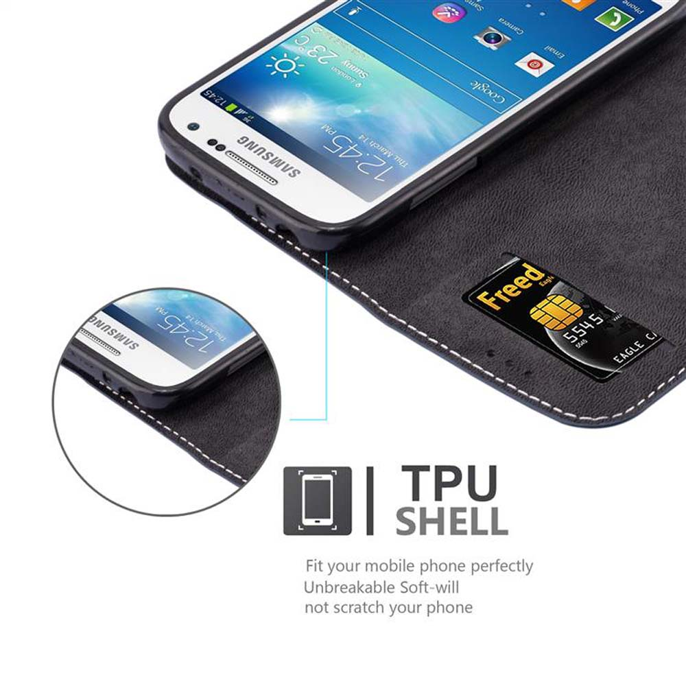 Custodia nera in pelle per telefono con telefono Samsung e carta di credito.