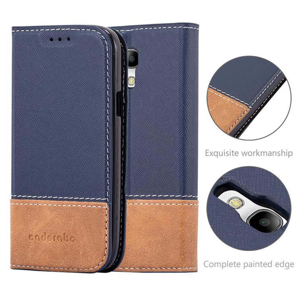 Custodia per telefono in pelle blu e marrone con dettagli cuciti e foro fotocamera.