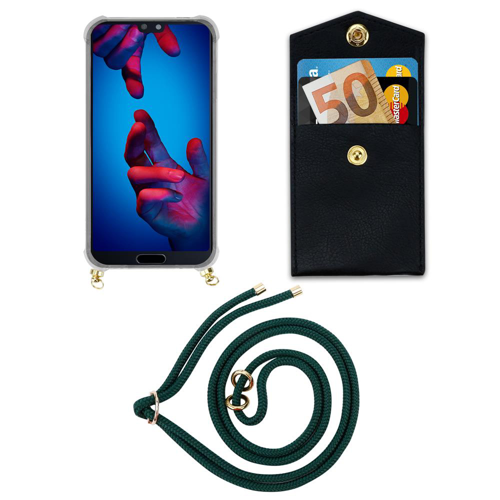 Telefono in custodia trasparente, portafoglio nero con soldi e carte, laccio verde.