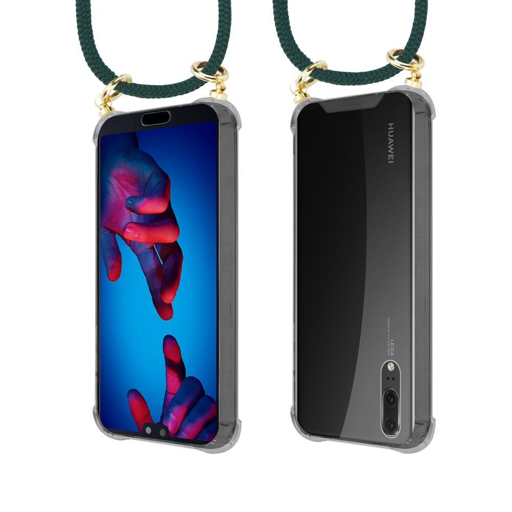 Due telefoni Huawei in custodie trasparenti con cordini verdi, sfondo bianco.