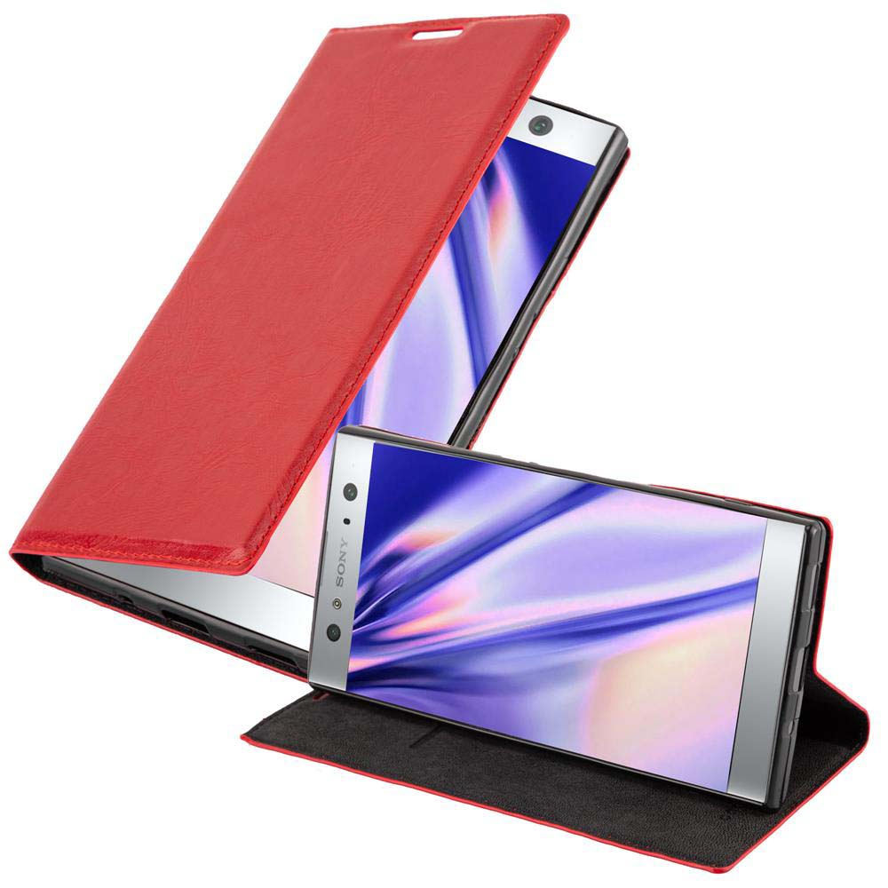 Funda roja para teléfono con tapa abatible abierta, que muestra un smartphone con fondo de pantalla colorido.